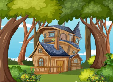 Çimenli ağaçların arasına kurulmuş büyüleyici bir ağaç ev
