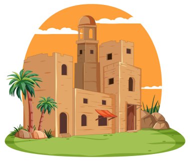 Palmiye ağaçları ve kayalarla tarihi yapı