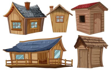 Çeşitli ahşap ev ve kulübelerin tasviri