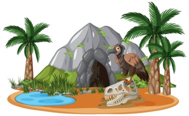 Vulture on skull near cave and palm trees clipart