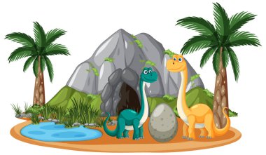 Adada yumurtası olan iki dinozor.