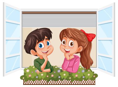 Pencerenin yanında gülümseyen iki çocuk