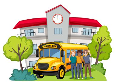 Okul otobüsünün yanında duran mutlu öğrenciler.