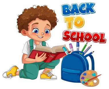 Okul gereçleri ve sırt çantalı çocuk kitapları