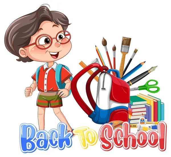 stock vector Happy child with school supplies and books