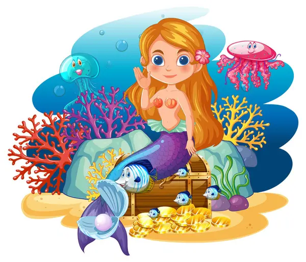 stock vector Mermaid with sea creatures and treasure chest