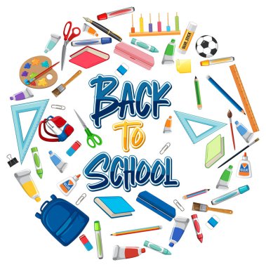 Daire şeklinde dizilmiş renkli okul malzemeleri.