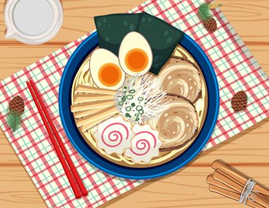 Renkli bir kase erişte ve çeşitli malzemeler.