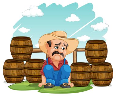 Boş fıçıların arasında oturan üzgün bir çiftçi.