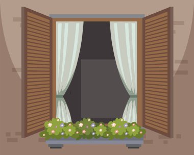 Panjurlu ve çiçek açan pencere.