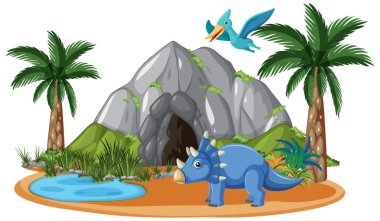 Mağara yakınlarındaki dinozorlar ve palmiye ağaçları