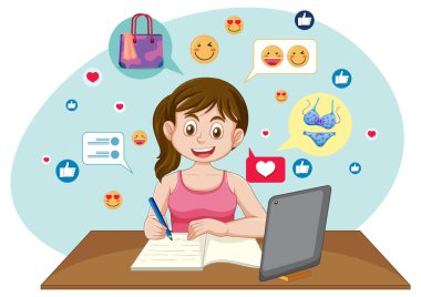 Girl writing with laptop and shopping icons clipart