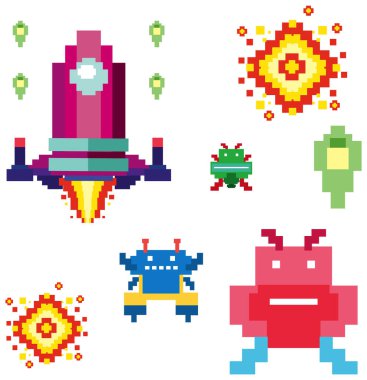 Renkli pikselleştirilmiş uzay temalı karakterler ve nesneler