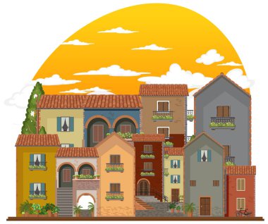 Canlı bir günbatımı gökyüzünün altında renkli binalar