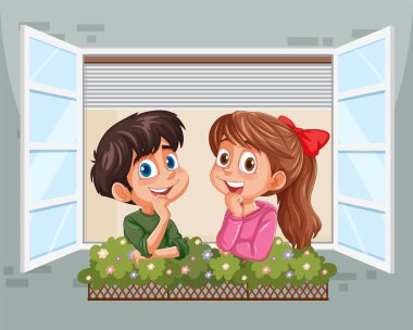 Gülümseyen ve pencereye yaslanan iki çocuk