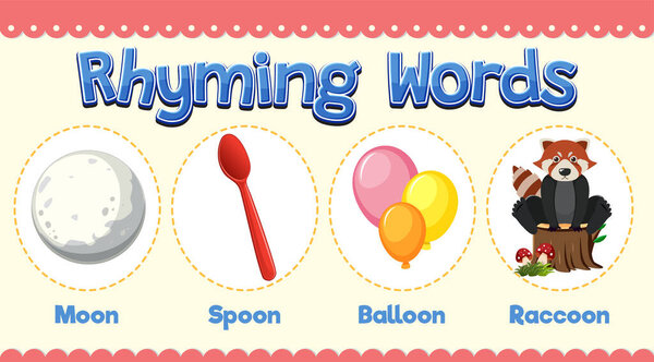 Moon, spoon, balloon, and raccoon rhyming words