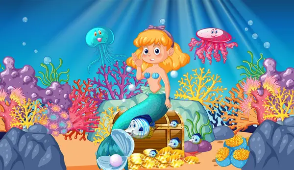 stock vector Mermaid with treasure chest and sea creatures