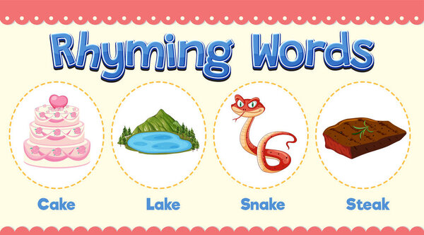 Cake, lake, snake, and steak rhyming words