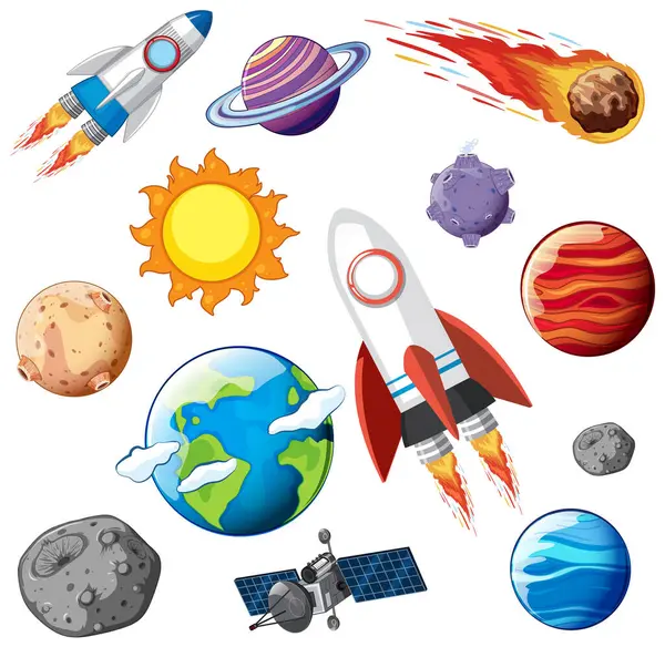 stock vector Rockets, planets, and asteroids in space