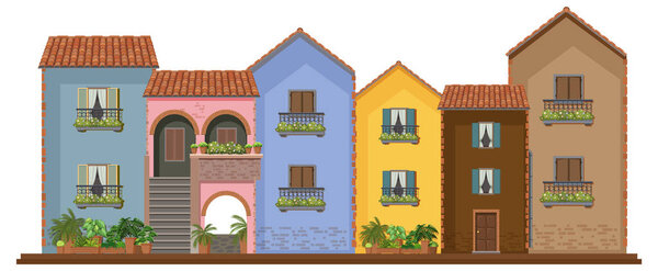 Illustration of vibrant, charming Mediterranean houses