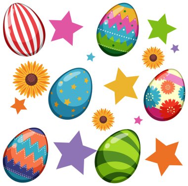 Yıldızlarla ve çiçeklerle süslenmiş parlak yumurtalar.