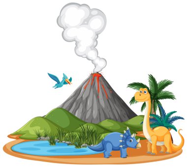 Yanardağ ve göletin yakınındaki dinozorlar.