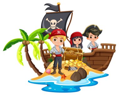 Adada hazine sandığı olan üç korsan.