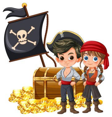 Hazine sandığının yanında duran iki korsan çocuk.