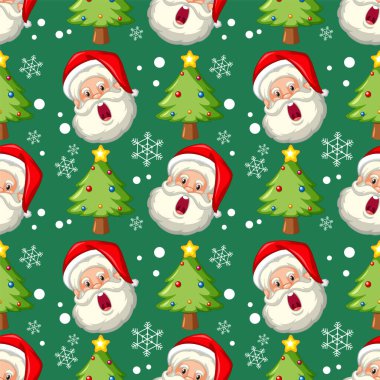 Noel Baba yüzleri ve Noel ağaçları yeşil arka planda