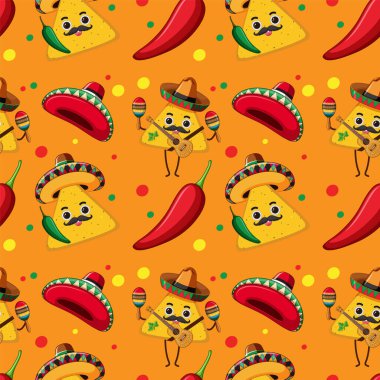 Renkli tacolar, sombrerolar ve kırmızı biberli resimler.