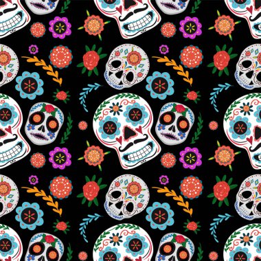 Siyah arka planda çiçek desenleri olan canlı şeker kafatasları.