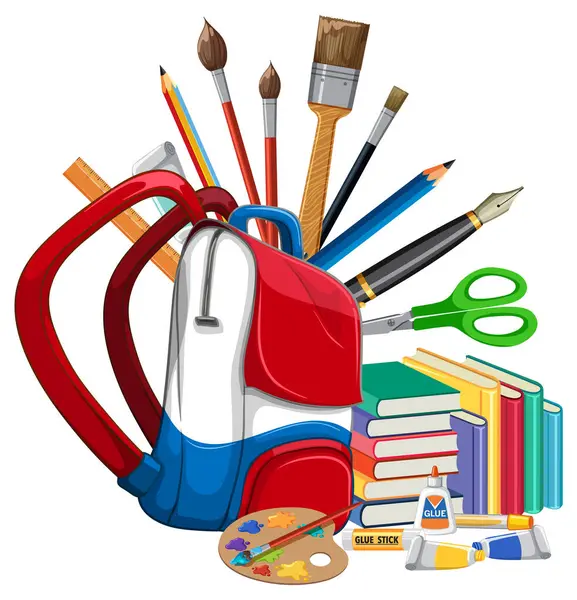 stock vector Colorful school supplies and books illustration