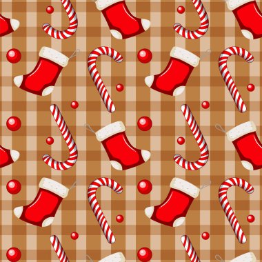 Seamless pattern with stockings and candy canes clipart