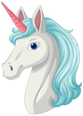 Pembe boynuzlu ve mavi yeleli tek boynuzlu bir at.