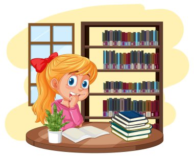 Kütüphanede kitap okuyan genç bir kız.