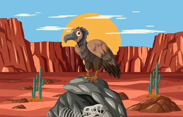 stock vector Vulture perched on rock in desert sunset