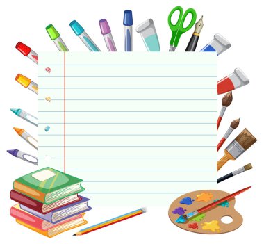 Çizgili bir defteri çevreleyen renkli okul malzemeleri