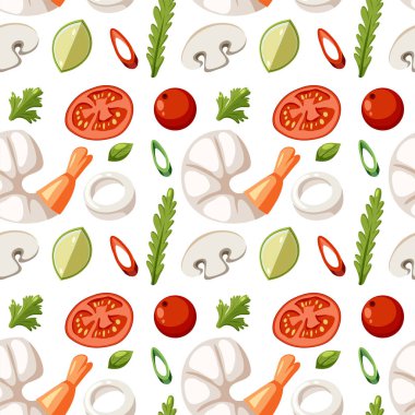 Renkli sebzeler ve deniz ürünleri dikişsiz desenli.