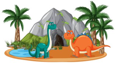 Mağara ve palmiye ağaçlarının yanında iki dinozor.