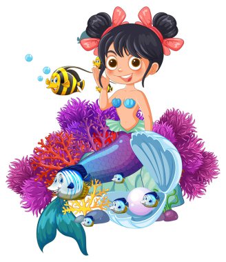 Canlı mercanlar ve dost canlısı balıklarla çevrili bir deniz kızı.