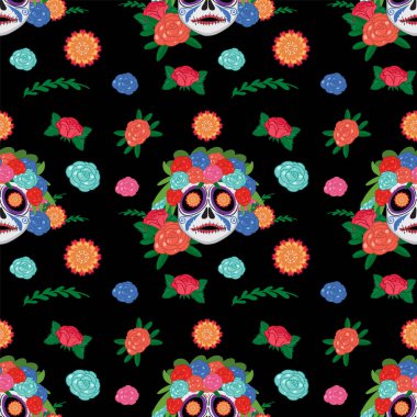 Siyah arka planda canlı kafatasları ve çiçekler