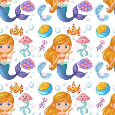 Mermaids and sea creatures in a seamless pattern clipart