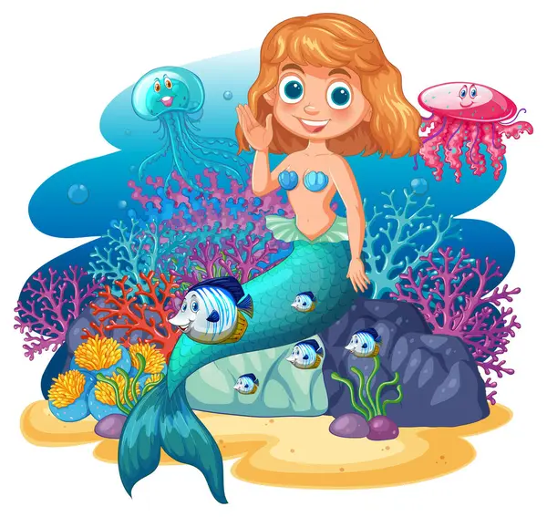 stock vector Mermaid with fish and jellyfish underwater