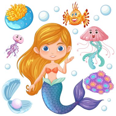 Deniz kızı ve deniz canlıları renkli sualtı sahnesinde