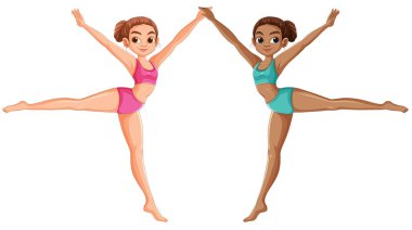 İki kız senkronize jimnastik yapıyor.