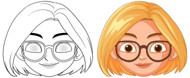 Gözlüklü, gülümseyen bir kadının temsili.