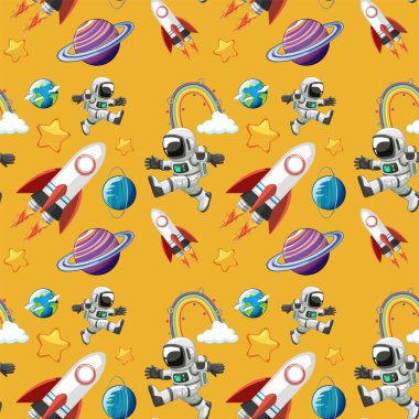 Astronotlar, roketler ve sarı arka plandaki gezegenler.