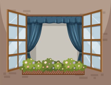 Pencereyi mavi perdeler ve çiçeklerle aç