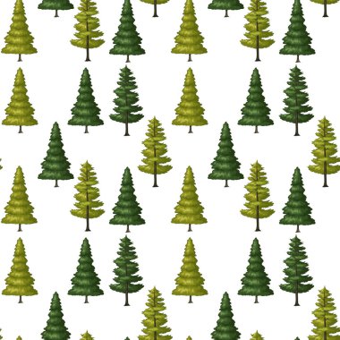 Beyaz arkaplanda tekrarlanan yeşil ağaçlar