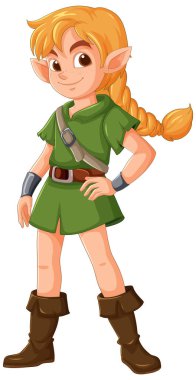 Saçları örgülü ve yeşil elbiseli Elf okçusu.